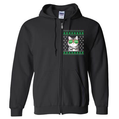 Cat With Sunglasses Meowy Ugly Christmas Sweater Full Zip Hoodie