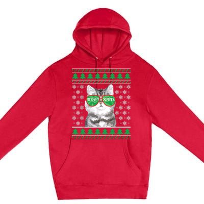 Cat With Sunglasses Meowy Ugly Christmas Sweater Premium Pullover Hoodie