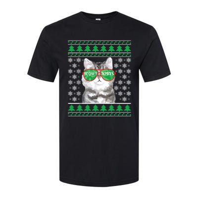 Cat With Sunglasses Meowy Ugly Christmas Sweater Softstyle CVC T-Shirt