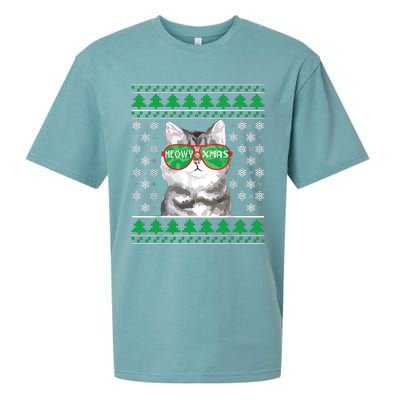 Cat With Sunglasses Meowy Ugly Christmas Sweater Sueded Cloud Jersey T-Shirt