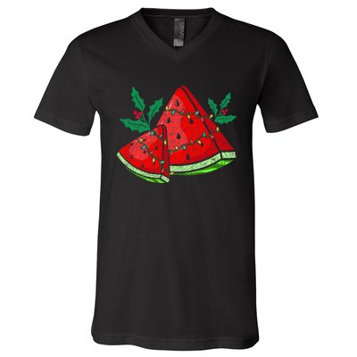 Christmas Watermelon Tropical Summer Christmas In July V-Neck T-Shirt