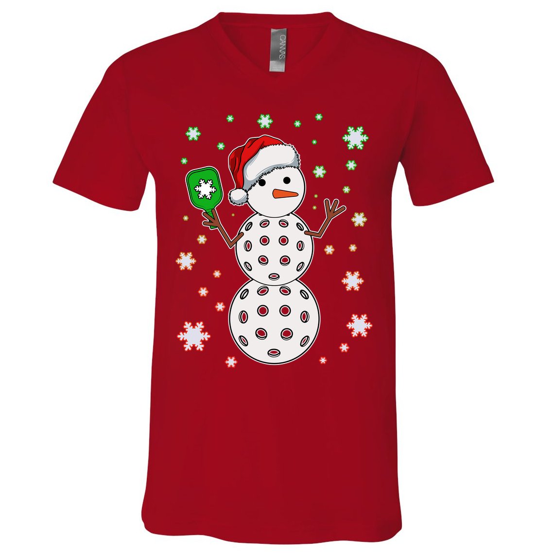 Christmas Winter Time Pickleball Snowman V-Neck T-Shirt