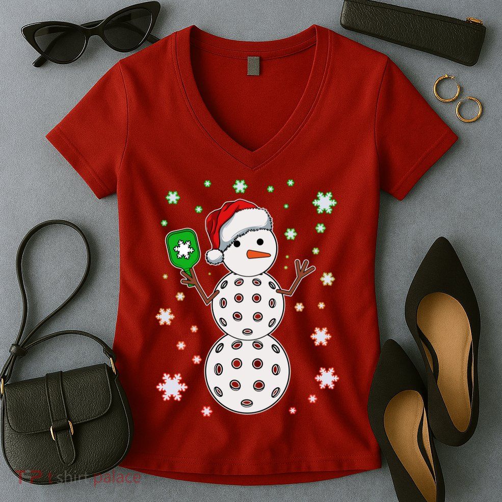 Christmas Winter Time Pickleball Snowman Women's V-Neck T-Shirt
