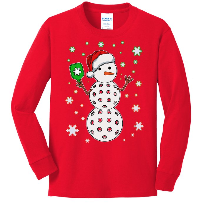 Christmas Winter Time Pickleball Snowman Kids Long Sleeve Shirt