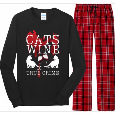 Cats Wine True Crime Shows Lover Gift Idea Cat Mom Cat Dad Gift Long Sleeve Pajama Set