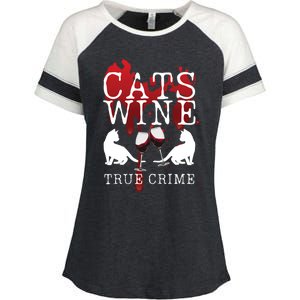 Cats Wine True Crime Shows Lover Gift Idea Cat Mom Cat Dad Gift Enza Ladies Jersey Colorblock Tee