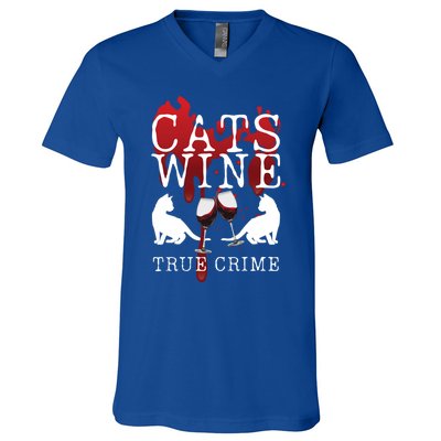 Cats Wine True Crime Shows Lover Gift Idea Cat Mom Cat Dad Gift V-Neck T-Shirt