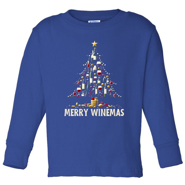 Christmas Wine Tree Merry Winemas Funny Alcohol Ing Pun Meaningful Gift Toddler Long Sleeve Shirt