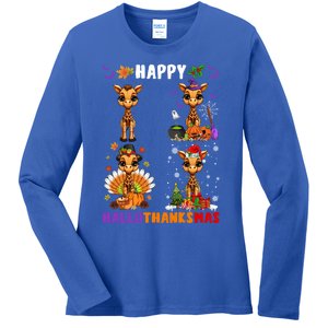 Cute Witch Turkey Santa Claus Giraffes Happy Hallothanksmas Gift Ladies Long Sleeve Shirt