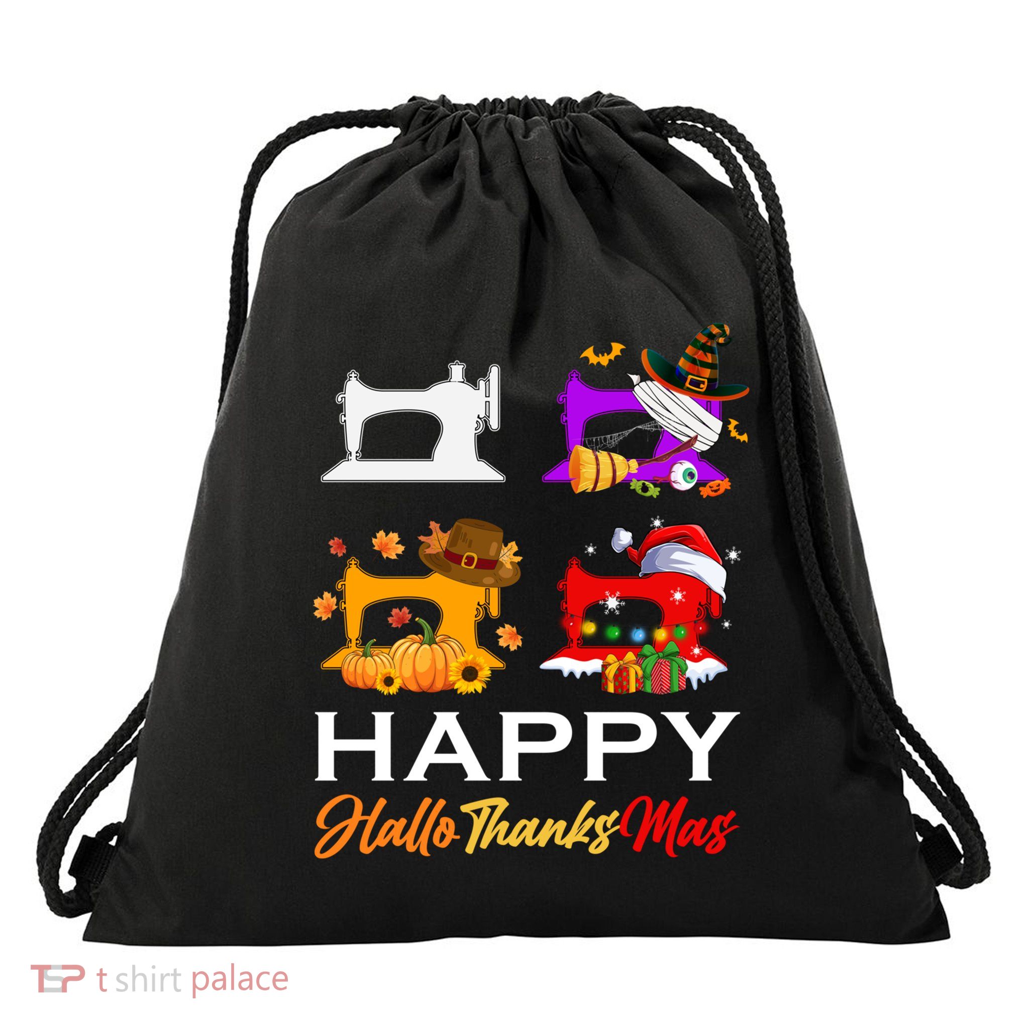 Cute Witch Turkey Santa Sewing Machines Happy Hallothanksmas Gift Drawstring Bag