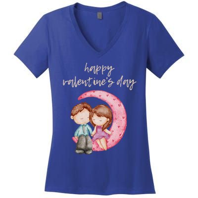 Cute Watercolor Valentine's Day Happy Love Day For Couples Cool Gift Women's V-Neck T-Shirt