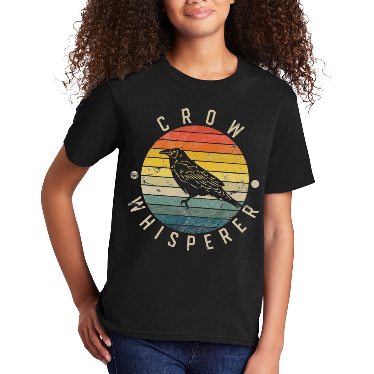 Crow Whisperer Vintage Sunset Cute Raven Kids T-Shirt
