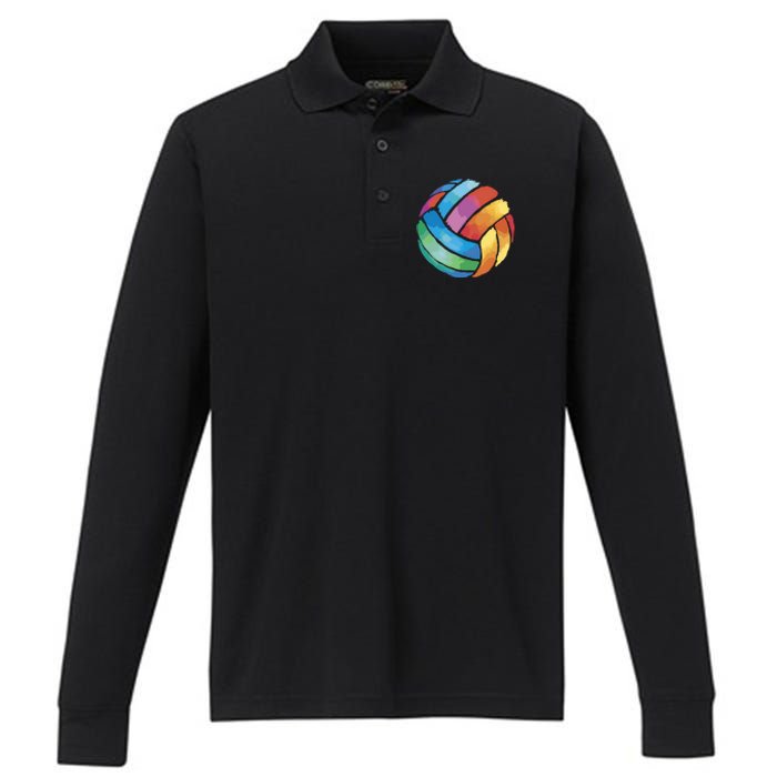 Colorful Watercolor Vollyball Performance Long Sleeve Polo