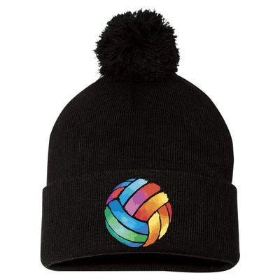 Colorful Watercolor Vollyball Pom Pom 12in Knit Beanie