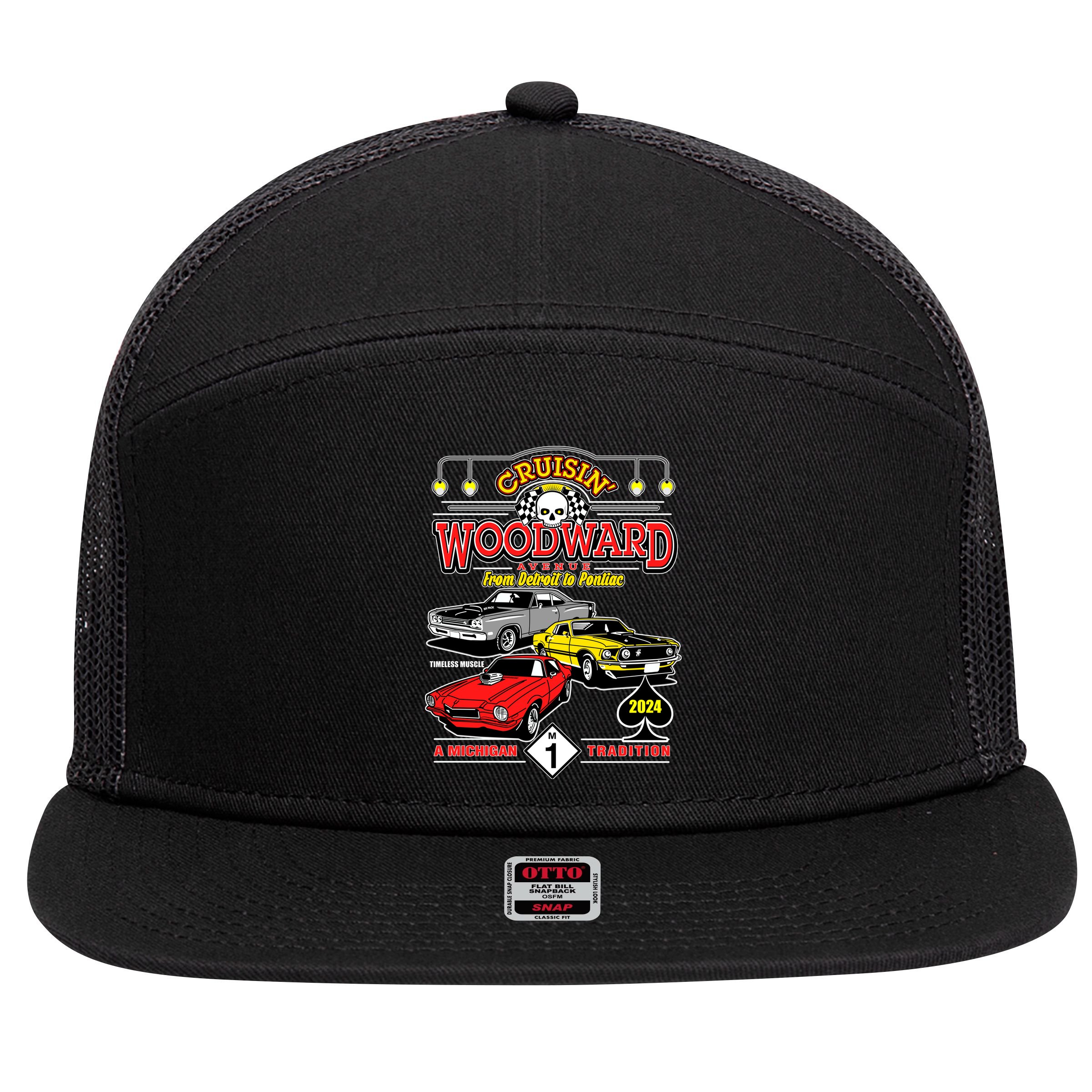 Crusin Woodward Woodward Ave Detroit To Pontiac A Michigan Tradition 2024 7 Panel Mesh Trucker Snapback Hat