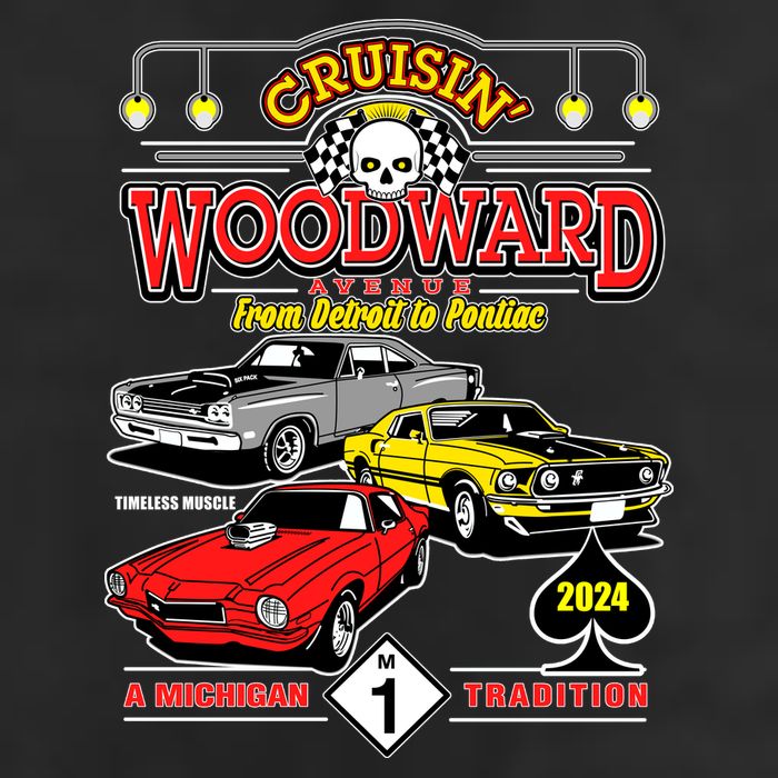 Crusin Woodward Woodward Ave Detroit To Pontiac A Michigan Tradition 2024 7 Panel Mesh Trucker Snapback Hat