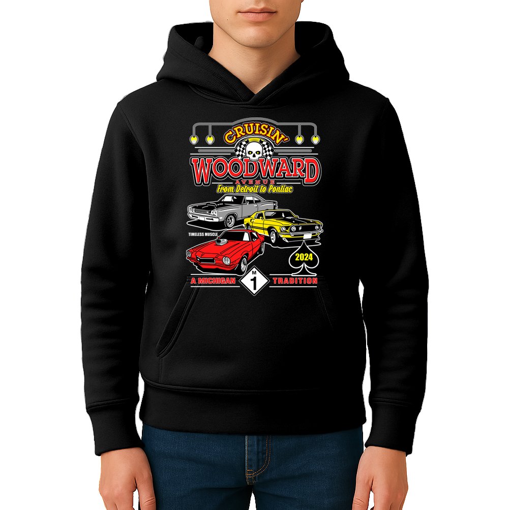 Crusin Woodward Woodward Ave Detroit To Pontiac A Michigan Tradition 2024 Kids Hoodie