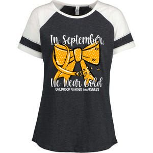 Coquette We Wear Gold Ribbon Hood Cancer Awareness Cute Gift Enza Ladies Jersey Colorblock Tee