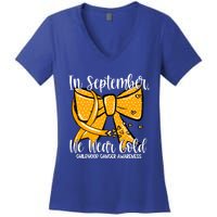 Coquette We Wear Gold Ribbon Hood Cancer Awareness Cute Gift Women's V-Neck T-Shirt