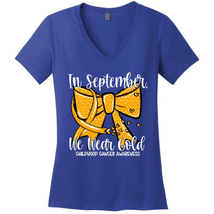 Coquette We Wear Gold Ribbon Hood Cancer Awareness Cute Gift Women's V-Neck T-Shirt