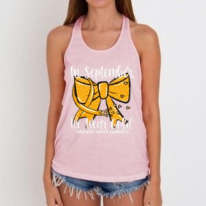 Coquette We Wear Gold Ribbon Hood Cancer Awareness Cute Gift Women's Knotted Racerback Tank