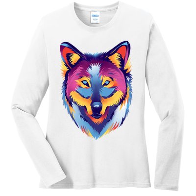 Colorful Wolf Wild Animal Ladies Long Sleeve Shirt