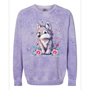 Cute Wolf With Flowers Colorblast Crewneck Sweatshirt