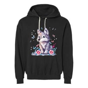 Cute Wolf With Flowers Garment-Dyed Fleece Hoodie