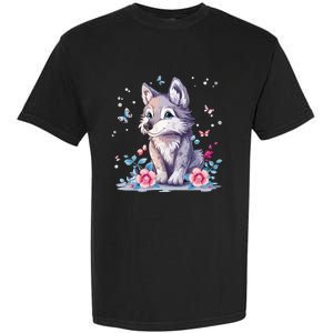 Cute Wolf With Flowers Garment-Dyed Heavyweight T-Shirt