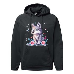 Cute Wolf With Flowers Performance Fleece Hoodie