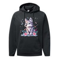 Cute Wolf With Flowers Performance Fleece Hoodie