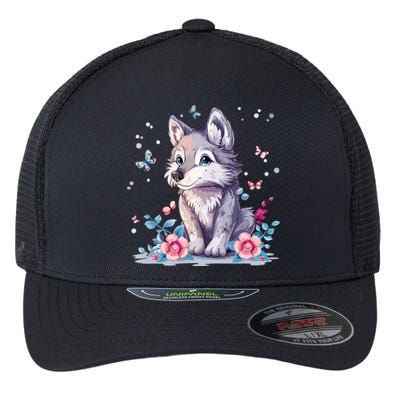 Cute Wolf With Flowers Flexfit Unipanel Trucker Cap