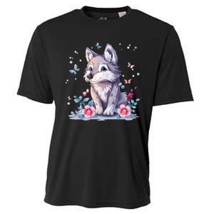 Cute Wolf With Flowers Cooling Performance Crew T-Shirt