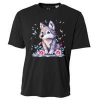 Cute Wolf With Flowers Cooling Performance Crew T-Shirt