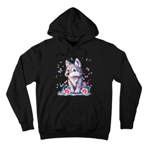 Cute Wolf With Flowers Hoodie