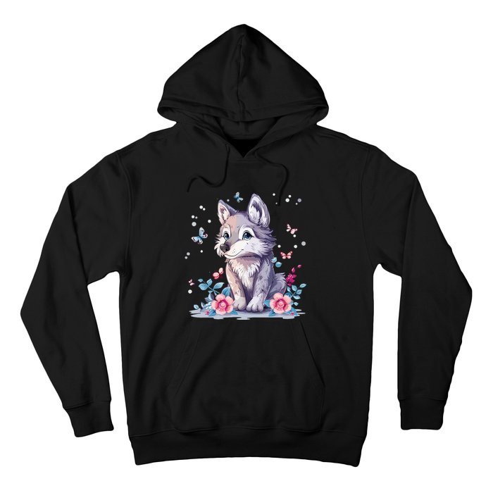 Cute Wolf With Flowers Hoodie