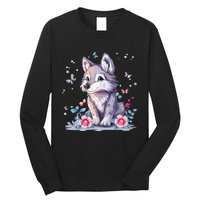 Cute Wolf With Flowers Long Sleeve Shirt