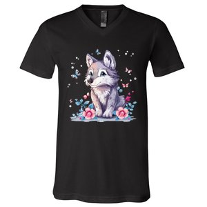 Cute Wolf With Flowers V-Neck T-Shirt