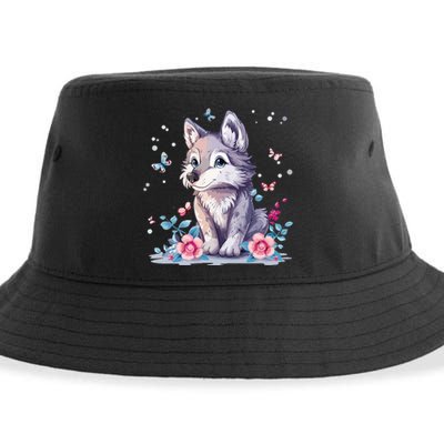 Cute Wolf With Flowers Sustainable Bucket Hat