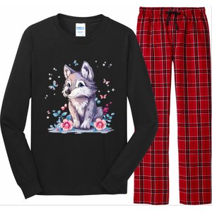 Cute Wolf With Flowers Long Sleeve Pajama Set