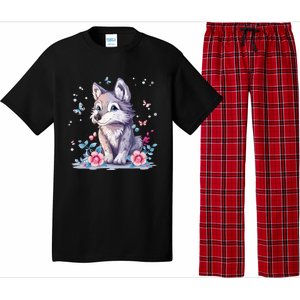 Cute Wolf With Flowers Pajama Set