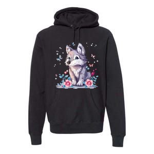 Cute Wolf With Flowers Premium Hoodie