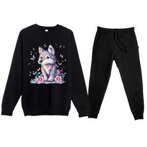 Cute Wolf With Flowers Premium Crewneck Sweatsuit Set