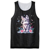 Cute Wolf With Flowers Mesh Reversible Basketball Jersey Tank