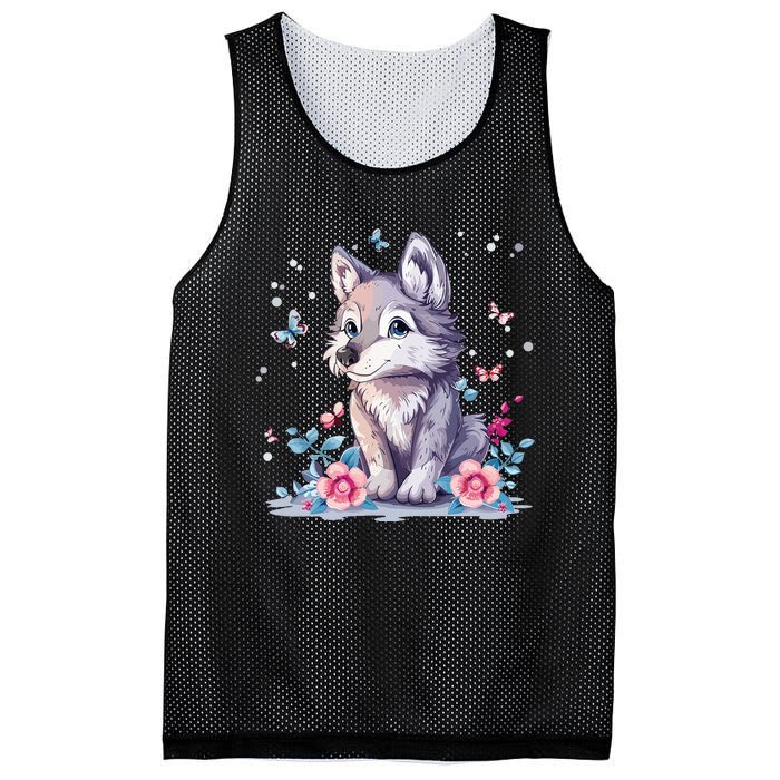 Cute Wolf With Flowers Mesh Reversible Basketball Jersey Tank