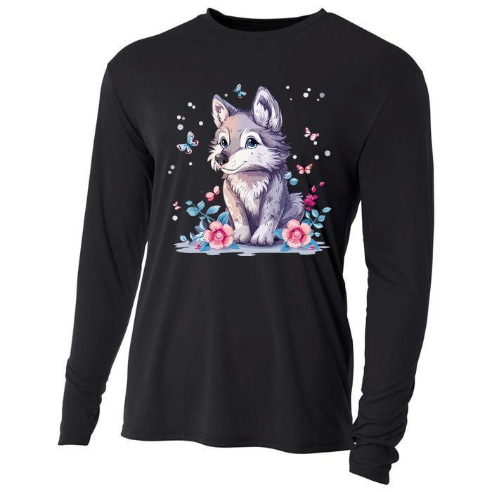 Cute Wolf With Flowers Cooling Performance Long Sleeve Crew