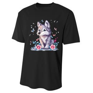 Cute Wolf With Flowers Performance Sprint T-Shirt