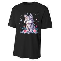 Cute Wolf With Flowers Performance Sprint T-Shirt