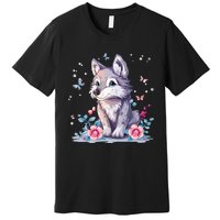 Cute Wolf With Flowers Premium T-Shirt