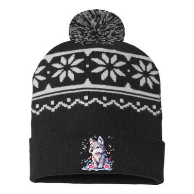 Cute Wolf With Flowers USA-Made Snowflake Beanie